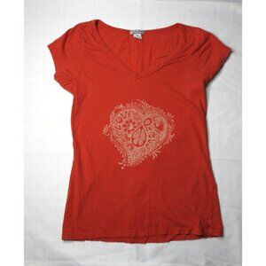 Lucky Brand Women’s M Red V-Neck Graphic Tee Love Peace Heart 100% Cotton